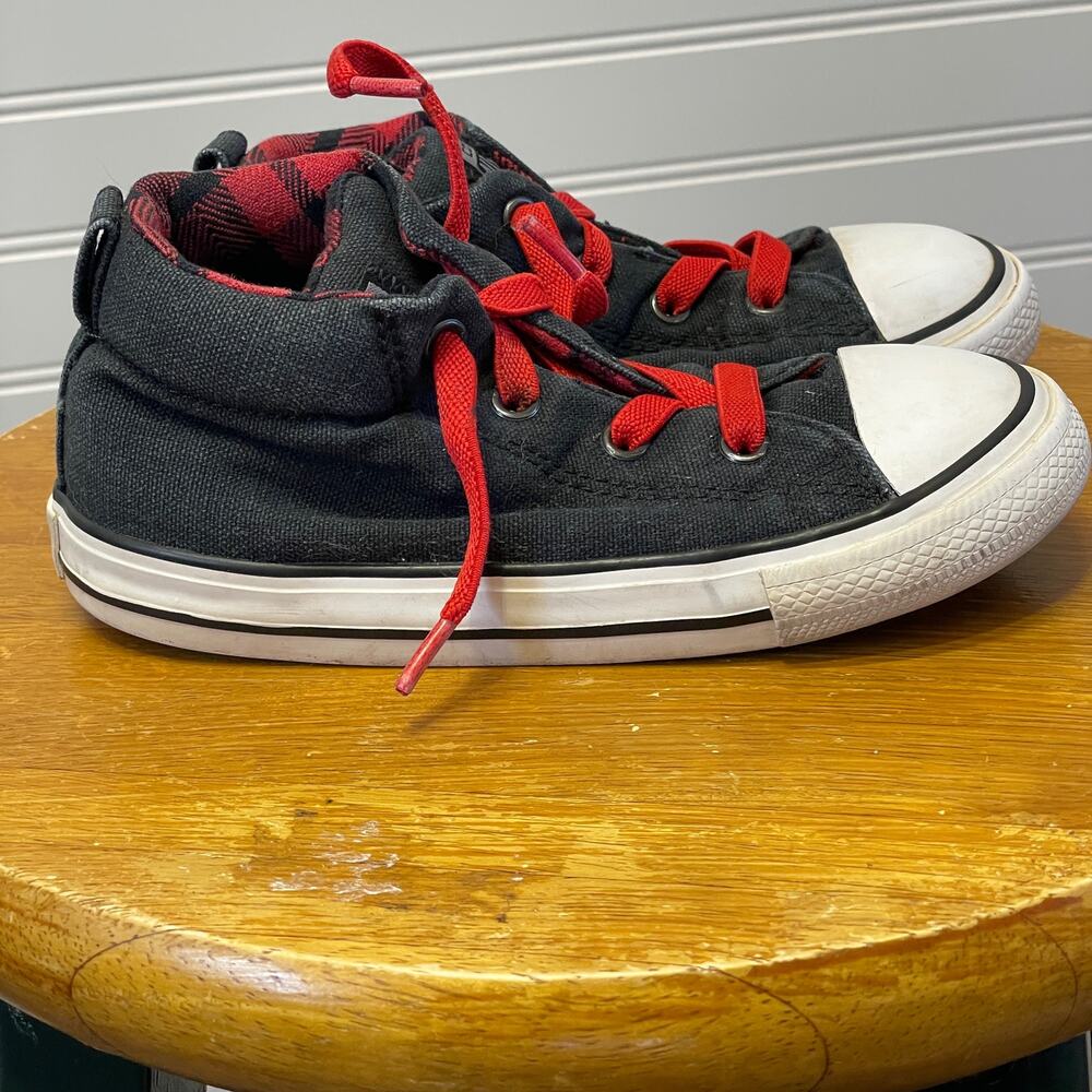 Converse CT Mid No Tie Slip on Black & Red Plaid Tennis Shoes